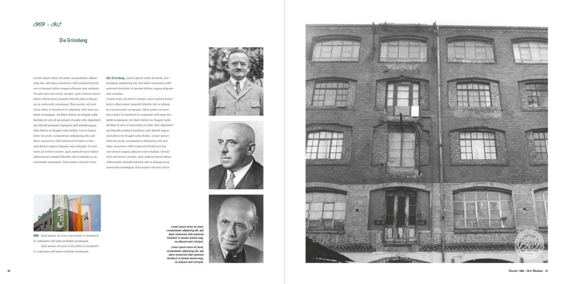 Doppelseite Die Gründung 1909–1912 mit Fabrikgebäude