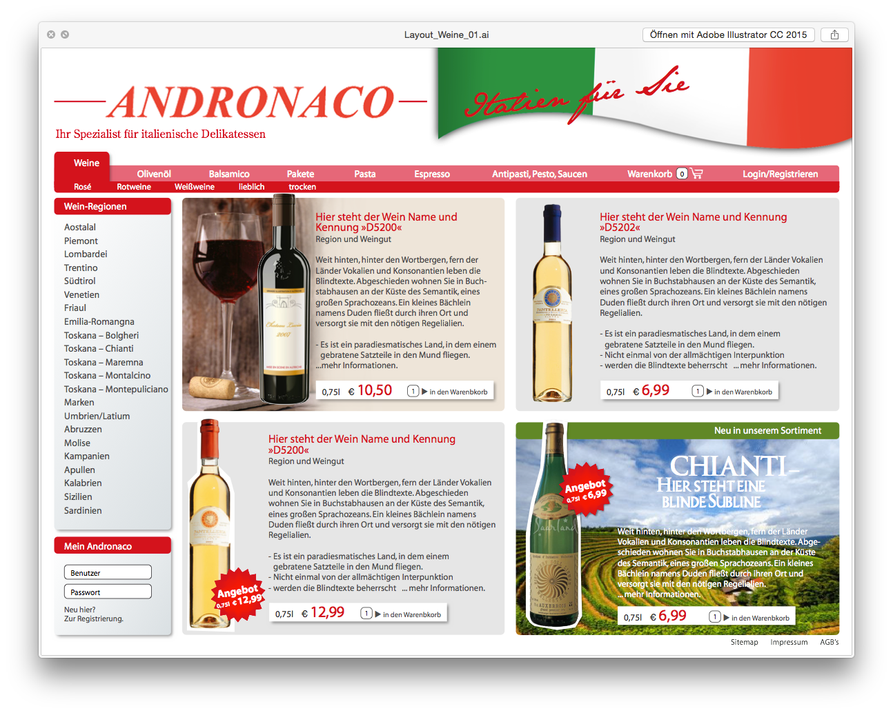 Andronaco Onlineshop Weine-Übersicht mit Produktkacheln und Preisen