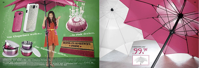 Katalog-Doppelseite in Pink mit Sonnenschirm Lotus