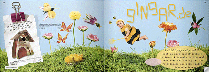 Katalog-Doppelseite Frühlingssaison mit Bienenkostüm und gingar.de Logo