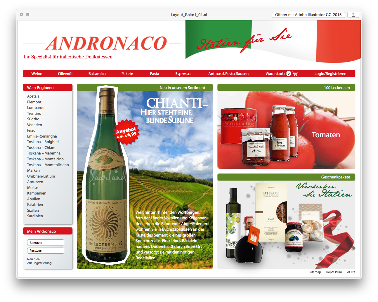 Andronaco Onlineshop Startseiten-Layout mit Chianti-Angebot und Produktkacheln